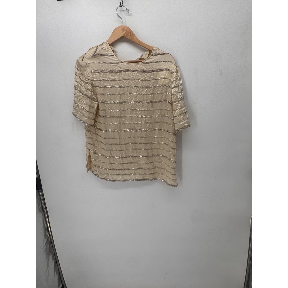 Vintage Silk Shirt Womens Medium Champagne Silver Beaded Sequin Evening Blouse M